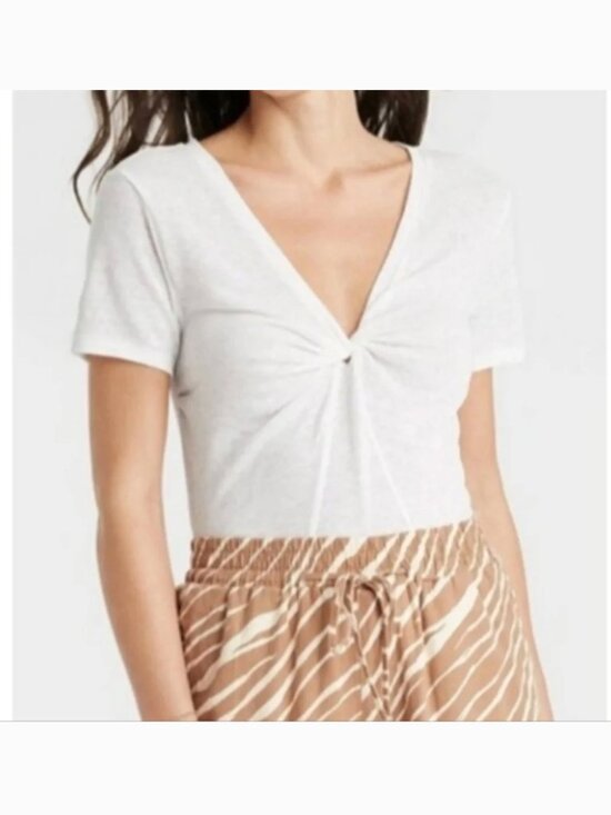 a new day Tops - A New Day Knot Twisted V-neck SS Breathable Linen Tee L